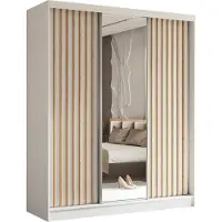 MargaretHadas24 180 cm Kleiderschrank Erika mit Lamellen und Spiegel inklusive 3 Schiebetüren Schwebetürenschrank Kleiderstange Garderobe Lieferung bis in die Wohnung (Farbe: weiß, weiß, Lamelle Artisan)