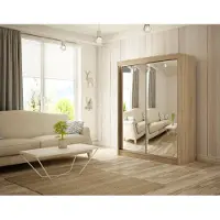 MargaretHadas24 Kleiderschrank Elsa 120 cm inklusive 2 Schiebetüren mit Spiegel Lieferung bis in die Wohnung Kleiderstange Garderobe Schrank Hochschrank Schlafzimmer (Farbe: Eiche sonoma)