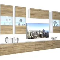 Belini Wohnwand Vollausstattung Wohnzimmer-Set Moderne Schrankwand mit LED-Beleuchtung Weiß Glänzend Anbauwand TV-Schrank Sonoma Eiche Matt