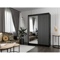 MargaretHadas24 Kleiderschrank Lili mit Lamellen 150 cm inklusive 2 Schiebetüren Schwebetürenschrank Kleiderstange Garderobe Schrank Lieferung bis in die Wohnung (Farbe: schwarz, weiß, Lamelle schwarz, Spiegel)
