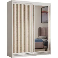 MRGROUP MR GROUP Kleiderschrank DART mit Lamellen Spiegel 160 cm Schiebetüren Schwebetürenschrank Garderobe Wohnzimmer Schlafzimmer Lamelletüren weiß, braun