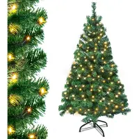 UISEBRT Künstlicher Weihnachtsbaum mit Beleuchtung 180cm LED Weihnachtsbäume Tannenbaum Dekobaum mit Lichterkette und Ständer Grün PVC