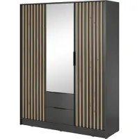 Bettso Eleganter Dreitüriger Kleiderschrank mit 2 Schubladen für Schlafzimmer Nelly 3D mit Spiegel und Eiche Artisan Lamellen Fronten / Graphit