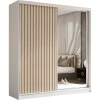 MargaretHadas24 200 cm Kleiderschrank Erika mit Lamellen und Spiegel inklusive 2 Schiebetüren Schwebetürenschrank (Farbe: weiß, weiß, Lamelle Artisan)