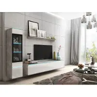 Minio , Wohnwand, "VEVE1", 3-Teilig, mit LED-Beleuchtung, Wohnzimmer, hängend, stehend, Beton / Weiss Farbe