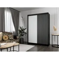 MargaretHadas24 Kleiderschrank Lili mit Lamellen 150 cm inklusive 2 Schiebetüren Schwebetürenschrank Kleiderstange Garderobe Schrank Lieferung bis in die Wohnung (Farbe: schwarz, weiß, Lamelle schwarz)