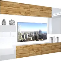 Belini Wohnwand Vollausstattung Wohnzimmer-Set Moderne Schrankwand mit LED-Beleuchtung Weiß Glänzend Anbauwand TV-Schrank Eiche Wotan / Weiß Glänzend/Matt