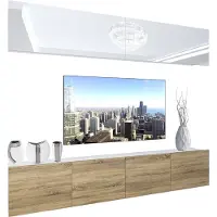 Belini Wohnwand Vollausstattung Wohnzimmer-Set Moderne Schrankwand mit LED-Beleuchtung Weiß Glänzend Anbauwand TV-Schrank Weiß / Sonoma Eiche Glänzend/Matt