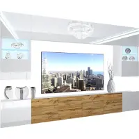 Belini Wohnwand Vollausstattung Wohnzimmer-Set Moderne Schrankwand mit LED-Beleuchtung Weiß Glänzend Anbauwand TV-Schrank Weiß / Eiche Wotan Glänzend/Matt