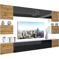 Belini Wohnwand Vollausstattung Wohnzimmer-Set Moderne Schrankwand mit LED-Beleuchtung Weiß Glänzend Anbauwand TV-Schrank Wotan Eiche / Schwarz Glänzend/Matt