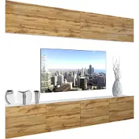 Belini Wohnwand Vollausstattung Wohnzimmer-Set Moderne Schrankwand mit LED-Beleuchtung Weiß Glänzend Anbauwand TV-Schrank Wotan-Eiche Matt