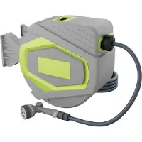 UISEBRT Schlauchtrommel 30m mit 10-Funktionen Handbrause, Graugelb, Automatisch aufrollbar, 180° Wandhalterung, Komplettes Gartenset für Garten, Balkon und Terrasse
