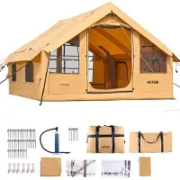 Zerbaco Aufblasbares Zelt für Camping, 5-8 Personen Zelt mit Handpumpe, 4x3x2,2 m Glamping-Zelt mit 2 Oberlichtern, Baldachin, Ofenanschluss, 2 Türen, Netzfenstern & Aufbewahrungstasche