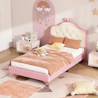 MODFU Kinderbett Polsterbett 90×200 cm mit LED-Licht, Jugendbett Einzelbett mit Kopfteil in Wellenform und Schleife(mit Matratze), PolyurethanRosa