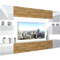 Belini Wohnwand Vollausstattung Wohnzimmer-Set Moderne Schrankwand mit LED-Beleuchtung Weiß Glänzend Anbauwand TV-Schrank Weiß / Eiche Wotan Glänzend/Matt