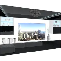 Belini Wohnwand Vollausstattung Wohnzimmer-Set Moderne Schrankwand mit LED-Beleuchtung Weiß Glänzend Anbauwand TV-Schrank Schwarz Glänzend