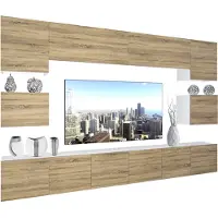 Belini Wohnwand Vollausstattung Wohnzimmer-Set Moderne Schrankwand mit LED-Beleuchtung Weiß Glänzend Anbauwand TV-Schrank Glamour Holz Matt