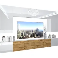 Belini Wohnwand Vollausstattung Wohnzimmer-Set Moderne Schrankwand mit LED-Beleuchtung Weiß Glänzend Anbauwand TV-Schrank Weiß / Eiche Wotan Glänzend/Matt
