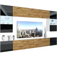 Belini Wohnwand Vollausstattung Wohnzimmer-Set Moderne Schrankwand mit LED-Beleuchtung Weiß Glänzend Anbauwand TV-Schrank Schwarz / Wotan Eiche Glänzend/Matt