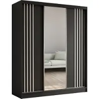 MargaretHadas24 180 cm Kleiderschrank Neli mit Lamellen und Spiegel inklusive 3 Schiebetüren Schwebetürenschrank (Farbe: schwarz, schwarz, Lamelle weiß)