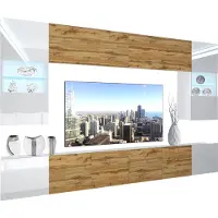 Belini Wohnwand Vollausstattung Wohnzimmer-Set Moderne Schrankwand mit LED-Beleuchtung Weiß Glänzend Anbauwand TV-Schrank Weiß / Eiche Wotan Glänzend/Matt