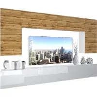 Belini Wohnwand Vollausstattung Wohnzimmer-Set Moderne Schrankwand mit LED-Beleuchtung Weiß Glänzend Anbauwand TV-Schrank Eiche Wotan / Weiß Glänzend/Matt