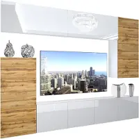 Belini Wohnwand Vollausstattung Wohnzimmer-Set Moderne Schrankwand mit LED-Beleuchtung Weiß Glänzend Anbauwand TV-Schrank Weiß / Eiche Wotan Glänzend/Matt