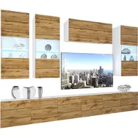 Belini Wohnwand Vollausstattung Wohnzimmer-Set Moderne Schrankwand mit LED-Beleuchtung Weiß Glänzend Anbauwand TV-Schrank Wotan-Eiche Matt