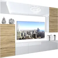 Belini Wohnwand Vollausstattung Wohnzimmer-Set Moderne Schrankwand mit LED-Beleuchtung Weiß Glänzend Anbauwand TV-Schrank Weiß / Sonoma Eiche Glänzend/Matt