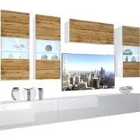 Belini Wohnwand Vollausstattung Wohnzimmer-Set Moderne Schrankwand mit LED-Beleuchtung Weiß Glänzend Anbauwand TV-Schrank Eiche Wotan / Weiß Glänzend/Matt
