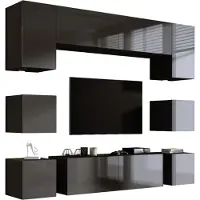 3Xeliving Wohnwand Mattschwarz/Grau Hochglanz MDF, 228 x VERSTELLBAR x 35cm