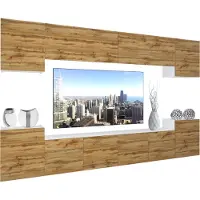 Belini Wohnwand Vollausstattung Wohnzimmer-Set Moderne Schrankwand mit LED-Beleuchtung Weiß Glänzend Anbauwand TV-Schrank Wotan-Eiche Matt