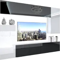 Belini Wohnwand Vollausstattung Wohnzimmer-Set Moderne Schrankwand mit LED-Beleuchtung Weiß Glänzend Anbauwand TV-Schrank Schwarz / Weiß Glänzend
