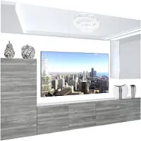 Belini Wohnwand Vollausstattung Wohnzimmer-Set Moderne Schrankwand mit LED-Beleuchtung Weiß Glänzend Anbauwand TV-Schrank Weiß / Glamourholz Glänzend/Matt