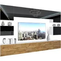 Belini Wohnwand Vollausstattung Wohnzimmer-Set Moderne Schrankwand mit LED-Beleuchtung Weiß Glänzend Anbauwand TV-Schrank Schwarz / Wotan Eiche Glänzend/Matt