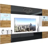 Belini Wohnwand Vollausstattung Wohnzimmer-Set Moderne Schrankwand mit LED-Beleuchtung Weiß Glänzend Anbauwand TV-Schrank Wotan Eiche / Schwarz Glänzend/Matt
