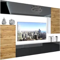Belini Wohnwand Vollausstattung Wohnzimmer-Set Moderne Schrankwand mit LED-Beleuchtung Weiß Glänzend Anbauwand TV-Schrank Schwarz / Eiche Wotan Glänzend/Matt