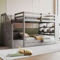 Sweiko Etagenbett 90x200 cm, Sicherheitstreppe mit Staufächern, Stauraumschubladen und großen Schließfächern, hohe Zaunkonstruktion, Lattenrost, Kiefernbett, Kinderbett, Jugendbett, Grau