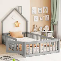 Ulife Märchenhaftes Hausbett mit Sicherheitsgitter & Lattenrost. Stabiles Kiefernholz, verhindert Fallen. Grau, 90x200 cm
