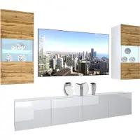 Belini Wohnwand Vollausstattung Wohnzimmer-Set Moderne Schrankwand mit LED-Beleuchtung Weiß Glänzend Anbauwand TV-Schrank Eiche Wotan / Weiß Glänzend/Matt