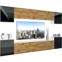 Belini Wohnwand Vollausstattung Wohnzimmer-Set Moderne Schrankwand mit LED-Beleuchtung Weiß Glänzend Anbauwand TV-Schrank Schwarz / Wotan Eiche Glänzend/Matt