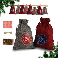 Karpal 24 Adventskalender zum Befuellen Stoffbeutel Weihnachten Geschenksaeckchen mit Aufkleber Mini-Holzklammern Hanfseile Weihnachtskalender tueten Geschenkbeutel 14 x 10 cm£šRot/Grau£