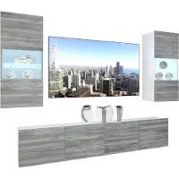 Belini Wohnwand Vollausstattung Wohnzimmer-Set Moderne Schrankwand mit LED-Beleuchtung Weiß Glänzend Anbauwand TV-Schrank Glamour Holz Matt