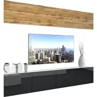 Belini Wohnwand Vollausstattung Wohnzimmer-Set Moderne Schrankwand mit LED-Beleuchtung Weiß Glänzend Anbauwand TV-Schrank Wotan Eiche / Schwarz Glänzend/Matt