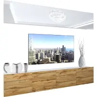 Belini Wohnwand Vollausstattung Wohnzimmer-Set Moderne Schrankwand mit LED-Beleuchtung Weiß Glänzend Anbauwand TV-Schrank Weiß / Eiche Wotan Glänzend/Matt