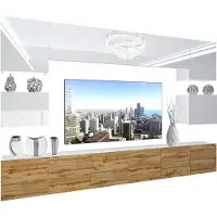Belini Wohnwand Vollausstattung Wohnzimmer-Set Moderne Schrankwand mit LED-Beleuchtung Weiß Glänzend Anbauwand TV-Schrank Weiß / Eiche Wotan Glänzend/Matt
