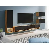 MINIO go for it , Wohnwand "AMY", 4-Teilig, hängend, mit LED-Beleuchtung, Wotan Eiche/ Schwarz Farbe
