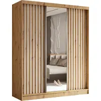 MargaretHadas24 180 cm Kleiderschrank Erika mit Lamellen und Spiegel inklusive 3 Schiebetüren Schwebetürenschrank Kleiderstange Garderobe Lieferung bis in die Wohnung (Farbe: Artisan, Artisan, Lamelle weiß)