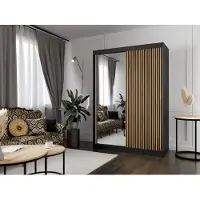 MargaretHadas24 Kleiderschrank Lili mit Lamellen 150 cm inklusive 2 Schiebetüren Schwebetürenschrank Kleiderstange Garderobe Schrank Lieferung bis in die Wohnung (Farbe: schwarz, schwarz, Lamelle wotan, Spiegel)