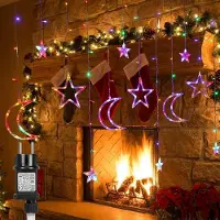 Rosikey 3M Stern Mond Lichterkette Vorhang Bunt Lichtervorhang 124 LED Sternenvorhang 8 Modi Weihnachtsbeleuchtung Weihnachten Party Fenster Innen Deko Licht